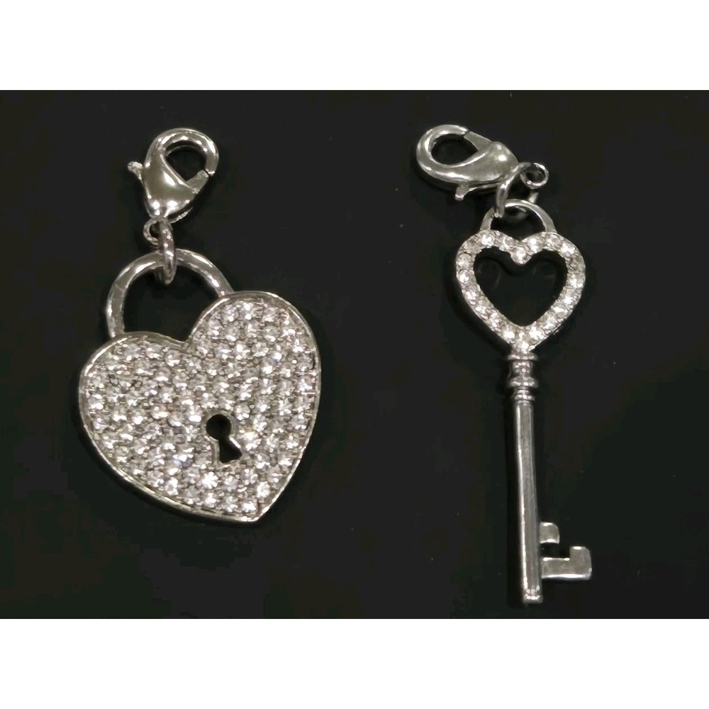 Origami Owl Silver Heart Lock and Key‎ Pave Crystal Charms Set Lobster Clasp